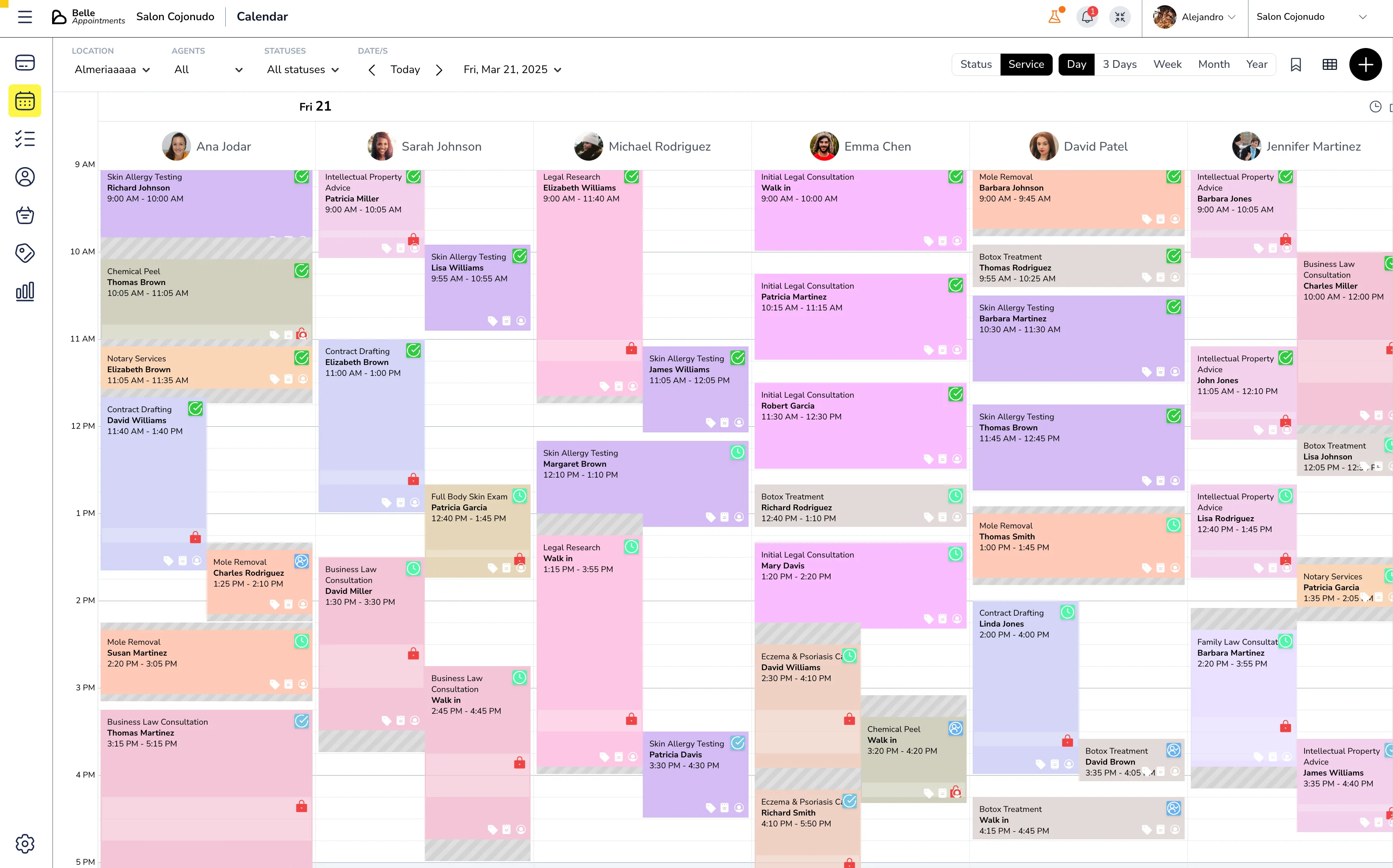 Vista de calendario multi-agente con citas para múltiples profesionales