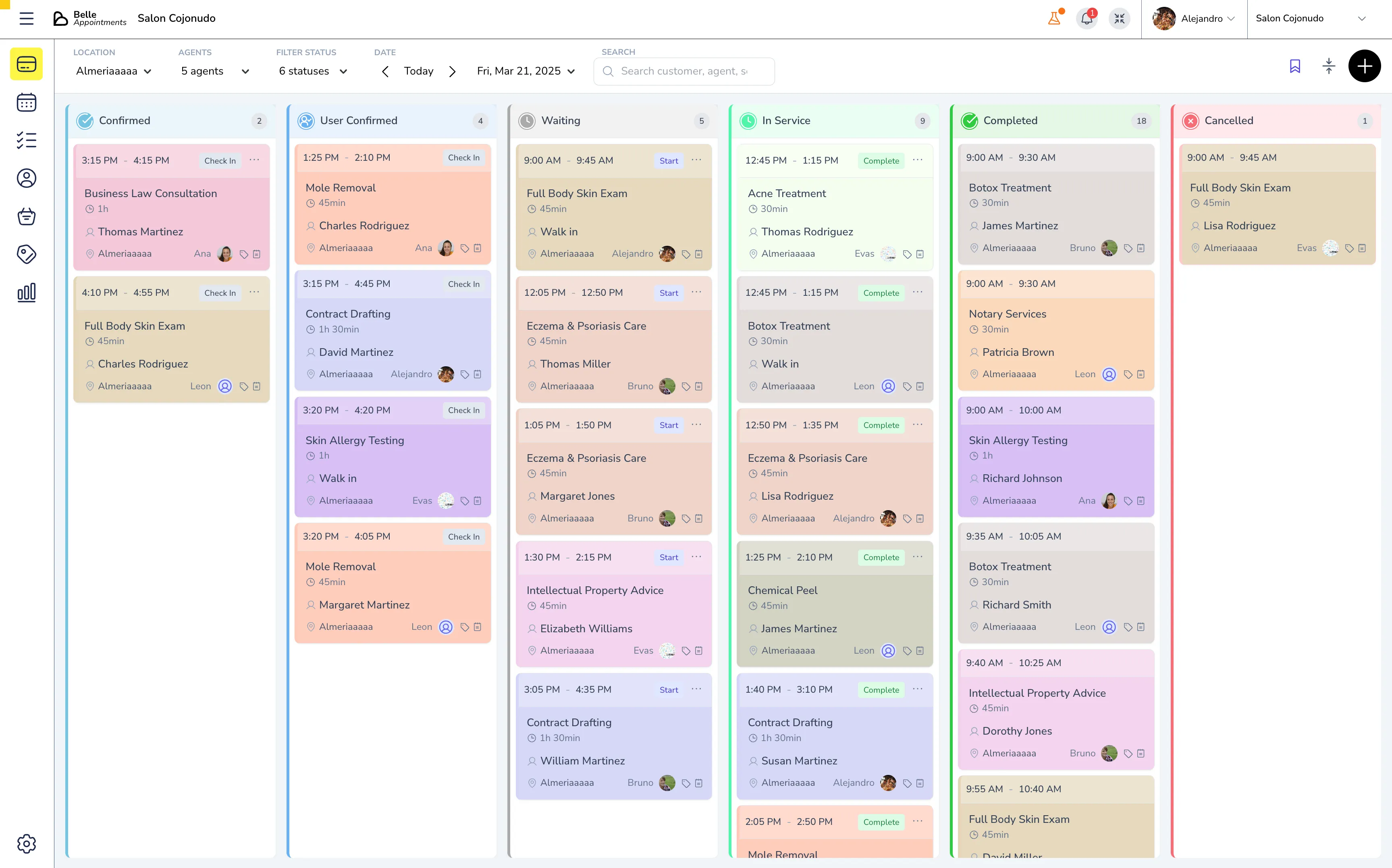 Vista diaria estilo Kanban para gestión de citas