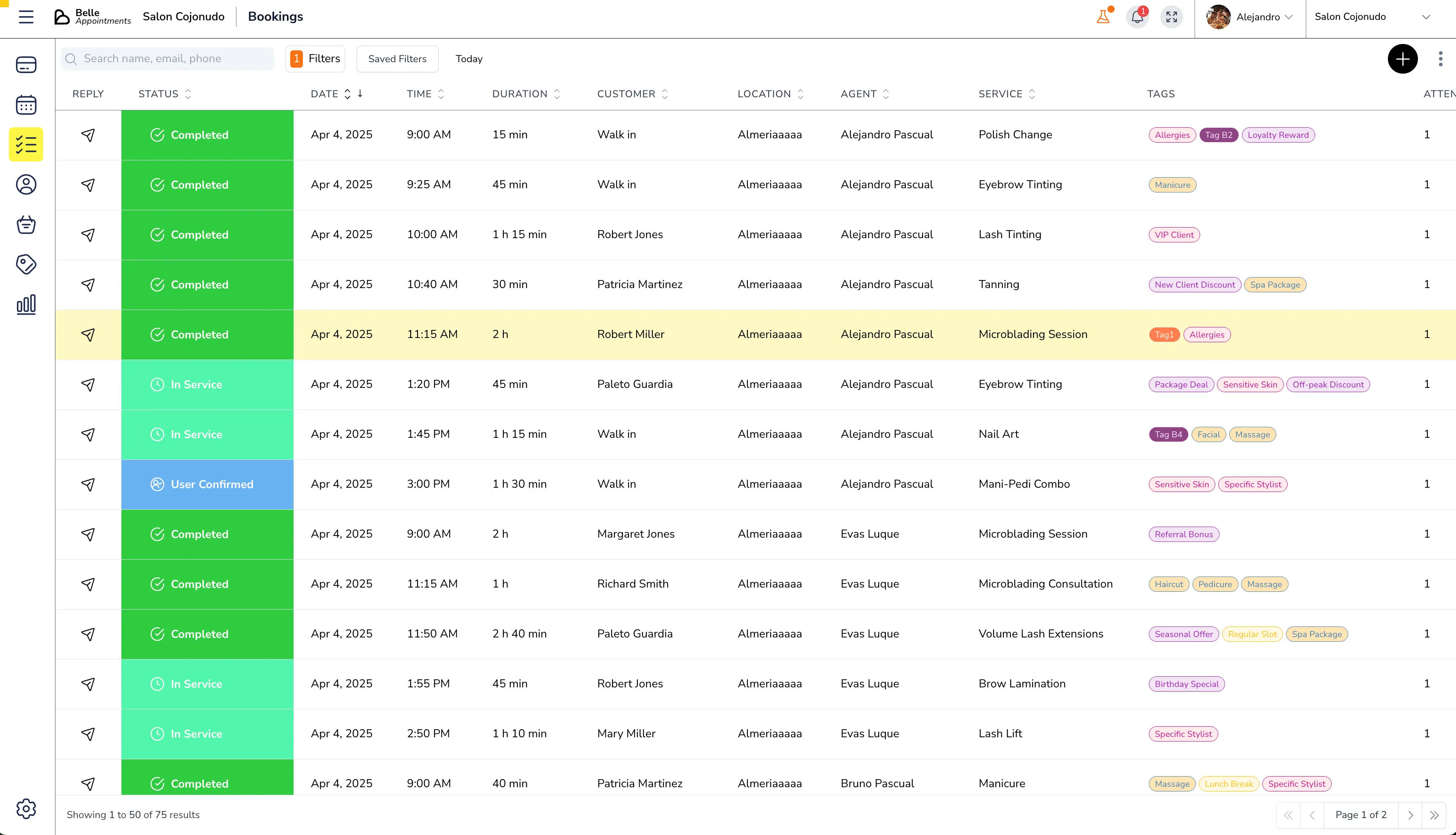 Lista completa de reservas con filtros y búsqueda